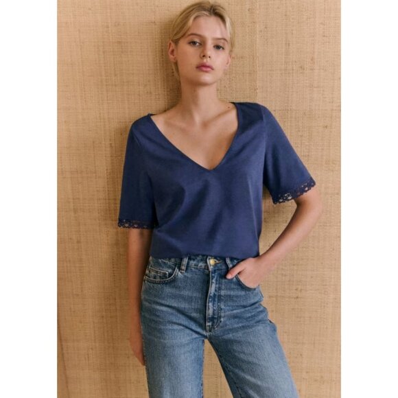 Sezane Lorna Tshirt Navy Size Large Organic Cotton - Picture 2 of 7